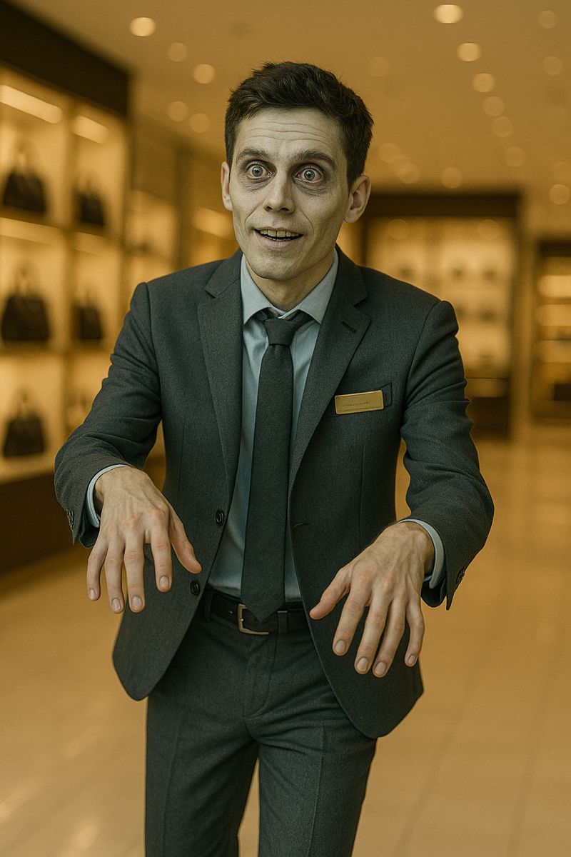 Retail associate in a gray suit with pale theatrical makeup and wide eyes, arms outstretched like a zombie inside a luxury boutique.