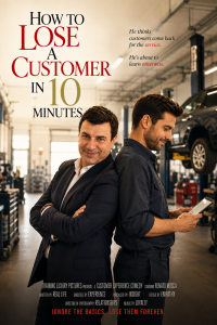 Movie-style poster titled "How to Lose a Customer in 10 Minutes" — a suited customer and a mechanic stand back-to-back in a car dealership workshop, tagline: "Ignore the basics. Lose them forever."