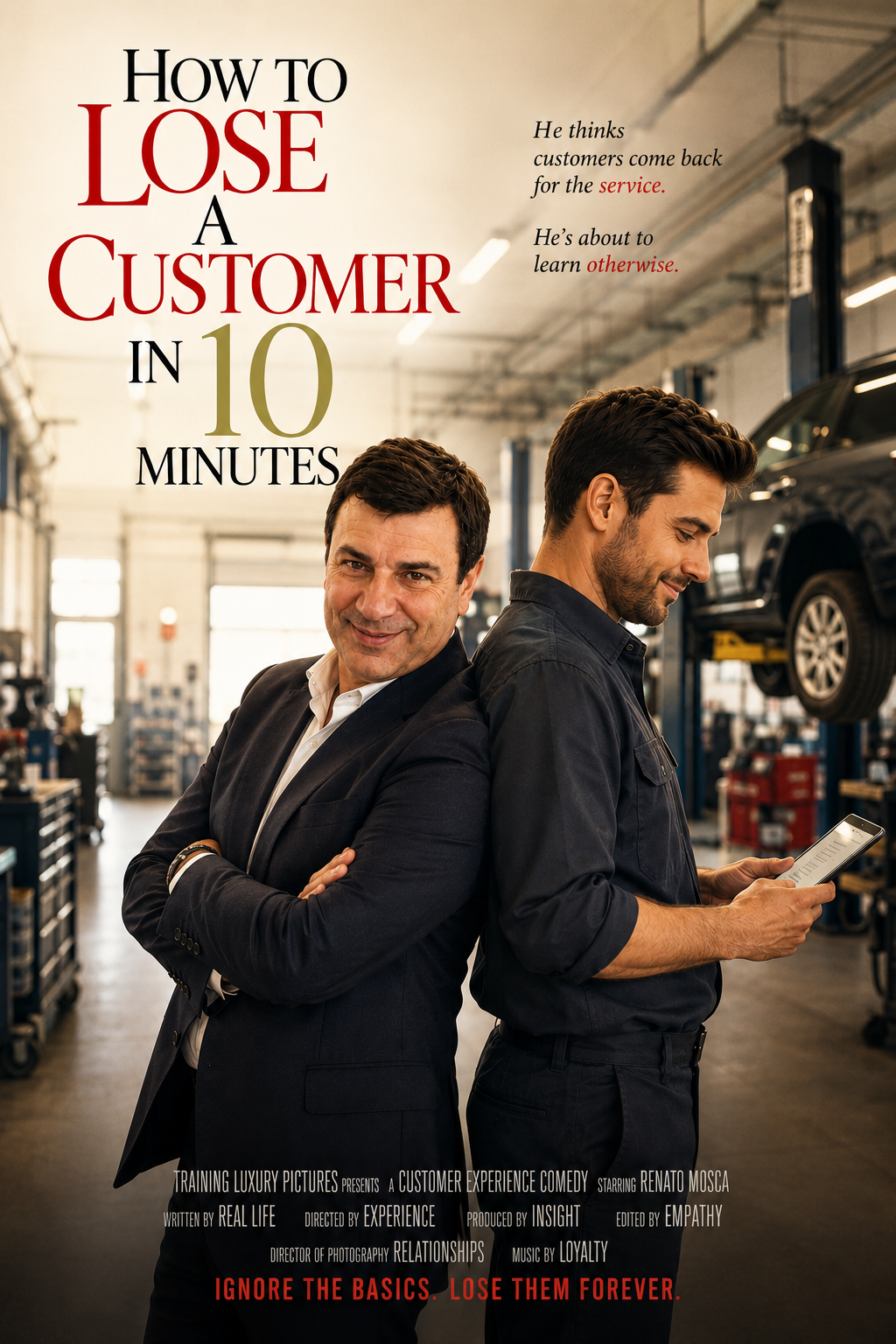 Movie-style poster titled "How to Lose a Customer in 10 Minutes" — a suited customer and a mechanic stand back-to-back in a car dealership workshop, tagline: "Ignore the basics. Lose them forever."